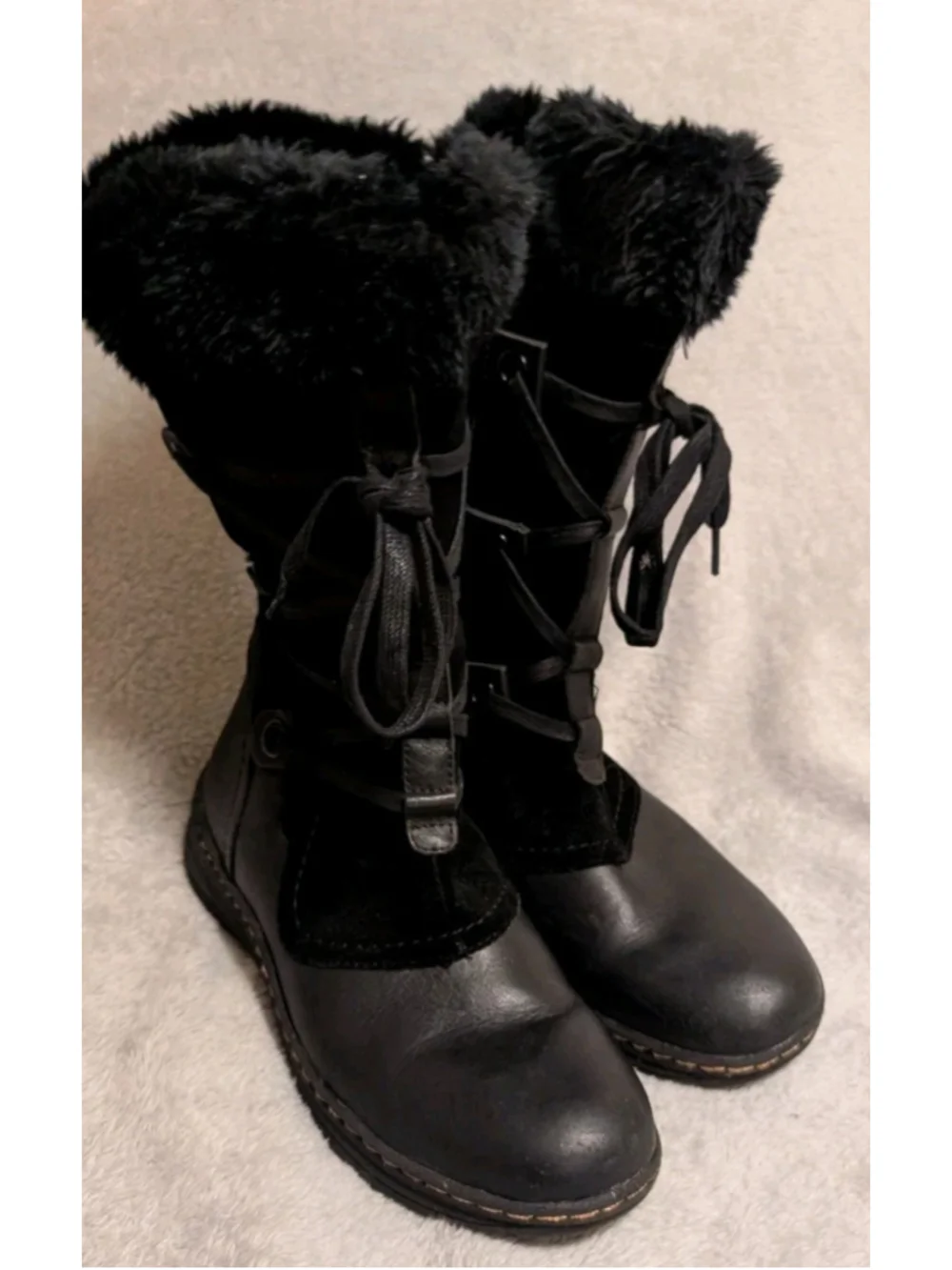Bare Traps Aide Women's 8.5M Side Zip Up Leather Boots Lace Up Faux Fur B233